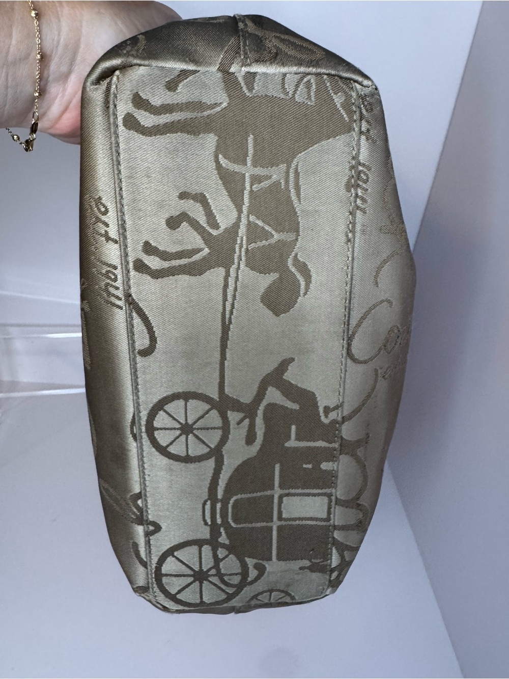 #419 Coach Signature Khaki Satin Horse & Carriage w/ Pink Leather Shoulder Tote - Picture 12 of 17